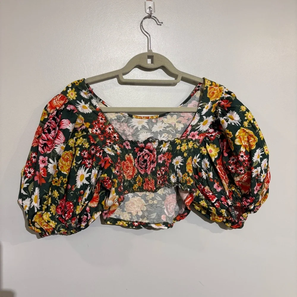 Zara Puff Sleeve crop top smocked back 100% Cotton - Picture 4 of 8